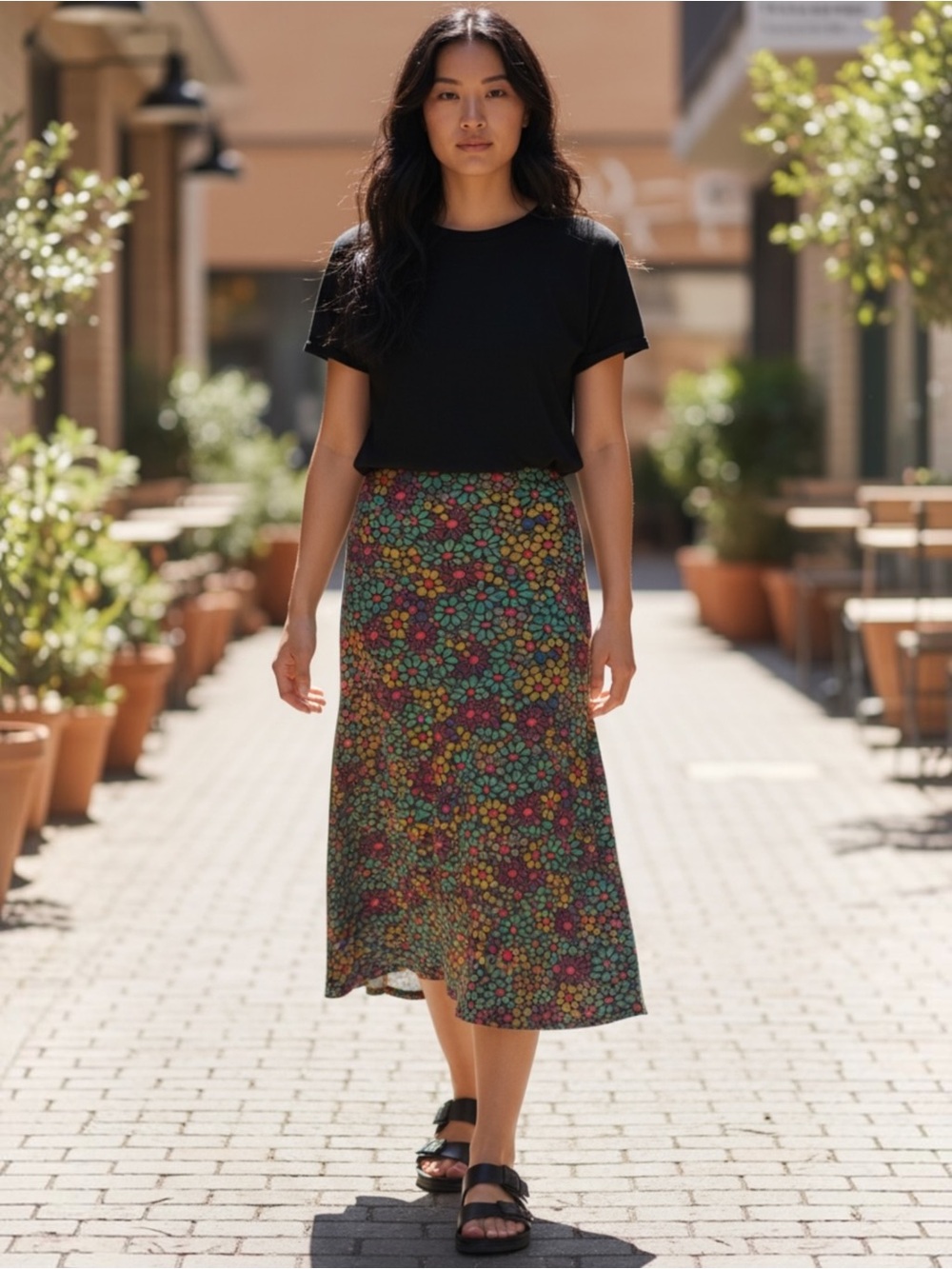 Multicolor Floral Midi Skirt - Women's Casual Flare